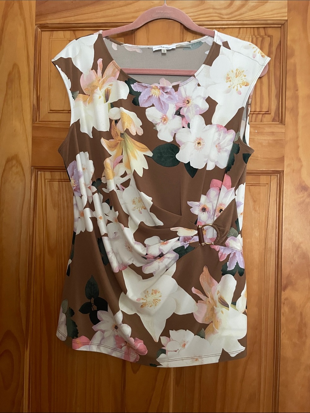 Calvin Klein Brown Floral Sleeveless Faux-Wrap Top